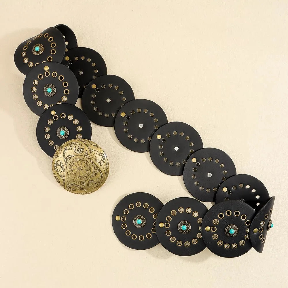 Exaggerated Wide Boho Disc Belt Rivet Turquoise Carved Buckle Waist Belt Adjustable Alloy Western Leather Waistband Cowgirl