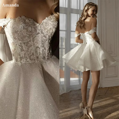 Amanda Customized White Lace Embroidery Glitter Prom Dresses Sweetheart Neck vestidos de noche Mini Ball Gown Wedding Party 2025