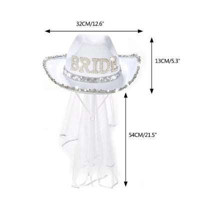 Chapeau de mariée amusant de cow-boy avec voile en maille et strass, chapeau à large bord pour enterrement de vie de jeune fille, accessoires de fête de mariage