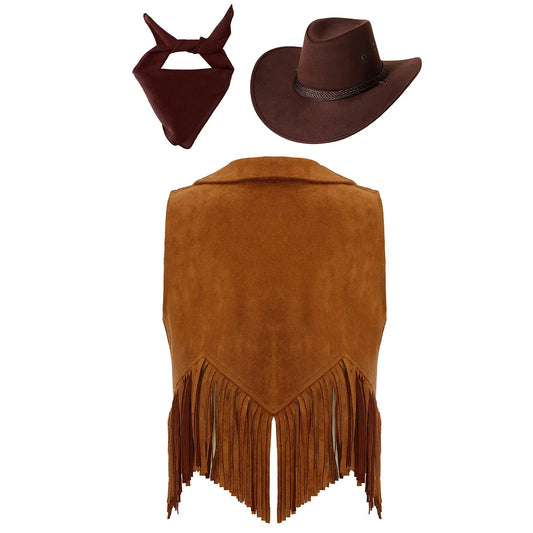 Costume de cosplay Western Cowboy Cowgirl pour enfants, glands en fibre de daim, chapeau glacé, ensemble bandana, habillage de fête à thème Halloween