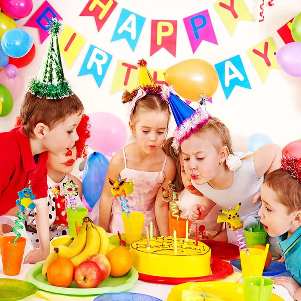 8Pcs/Pack Pokemon Birthday Party Decorations Pikachu Theme Drinking Straws for Kids Baby Shower Cartoon Party Supplies Gift Toys