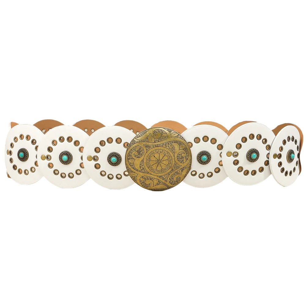 Exaggerated Wide Boho Disc Belt Rivet Turquoise Carved Buckle Waist Belt Adjustable Alloy Western Leather Waistband Cowgirl