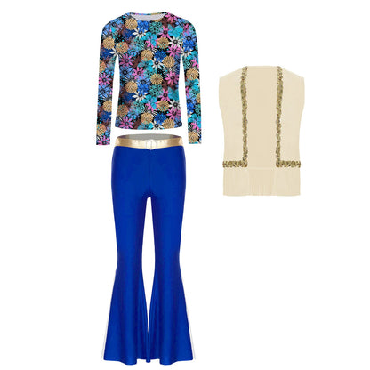 Girls Halloween Disco Hippie Western Cowgirl Carnival Cosplay Costume Printed Shirt Tops with Tassels Vest And Flared Pants Set