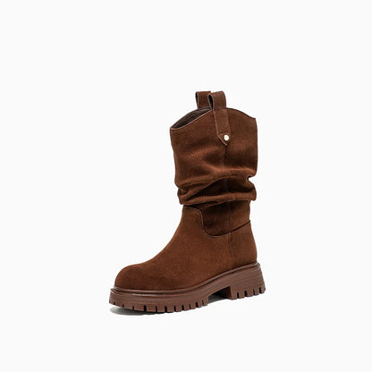 BEAUTODAY Ruched Western Boots Women Cow Suede Leather Rivet Decoration Round Toe Solid Color Autumn Winter Shoes Handmade 06304