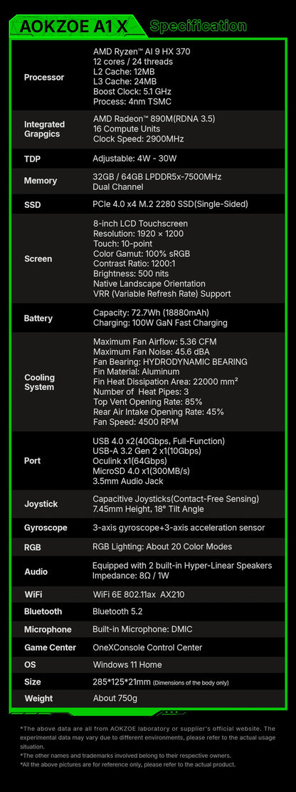 AOKZOE A1X AMD AI 9 HX 370 PC Game Console 8 Inch Native Landscape Screen Windows Handheld Laptops VRR 72.7Wh For Steam 3A Game