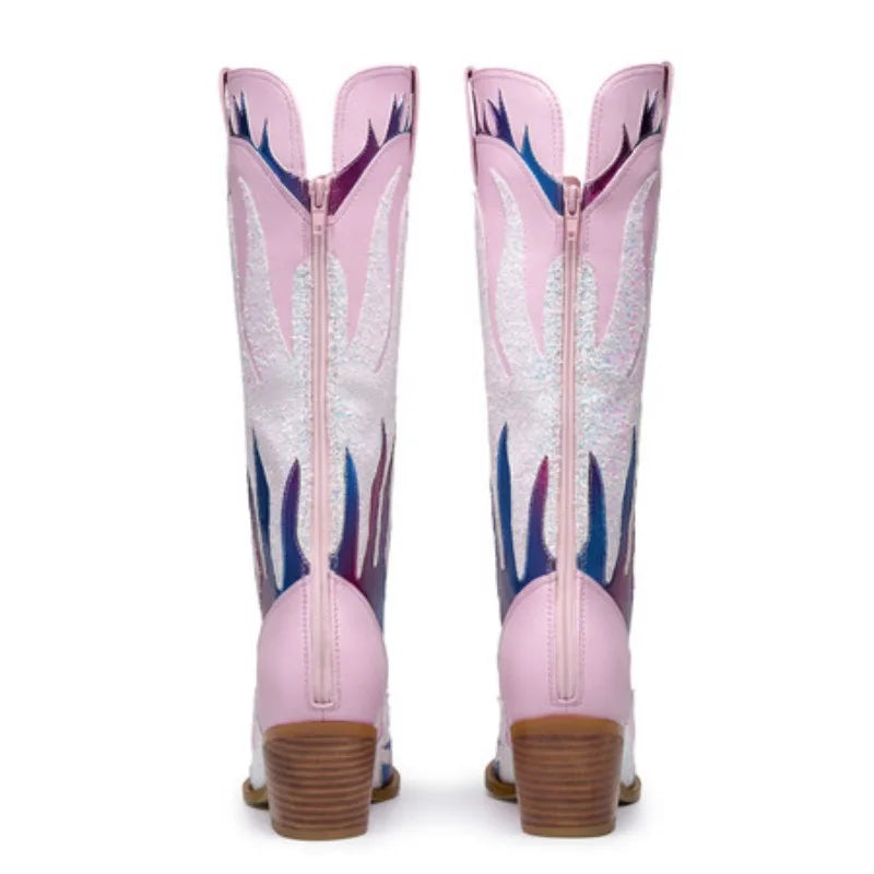 Women's Metallic Western Boots with Pointed Toe, Mid-calf To Knee-high Height, Sparkly and Colorful Design. Stylish Cowgirl Look