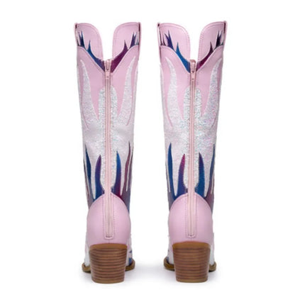 Women's Metallic Western Boots with Pointed Toe, Mid-calf To Knee-high Height, Sparkly and Colorful Design. Stylish Cowgirl Look