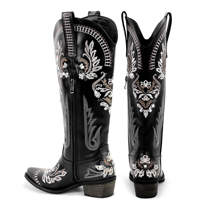 Bottes de cowboy blanches brodées Onlymaker pour femmes, à talon bloc, bout pointu, ornées de cristaux, style cowgirl.