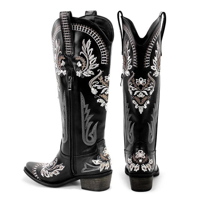 Bottes de cowboy blanches brodées Onlymaker pour femmes, à talon bloc, bout pointu, ornées de cristaux, style cowgirl.