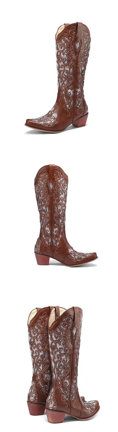 Women Embroidered White Western Cowboy Boots Block Heel Pull-On Pointed Toe Crystal Cowgirl Booties