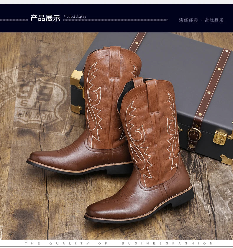 Men Boot 2024 Mid Calf Western Cowboy Motorcycle Boots Male Autumn Outdoor PU Leather Totem Med Heel Fashion Designed Men Boots