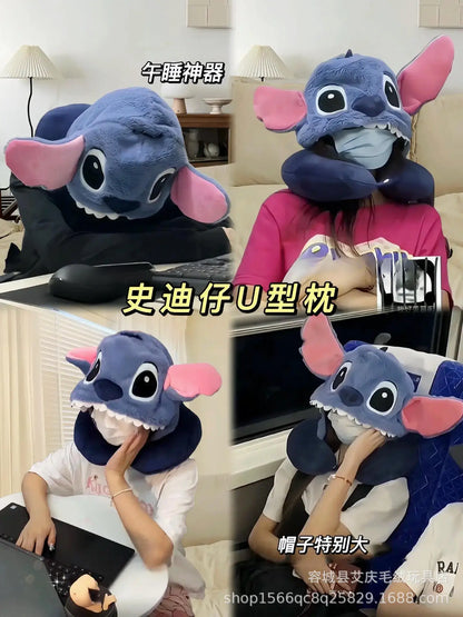 Cartoon plush Stitch Ling Nabelle U-shaped pillow with hooded neck pillow travel car plane office nap artifact girl gifts