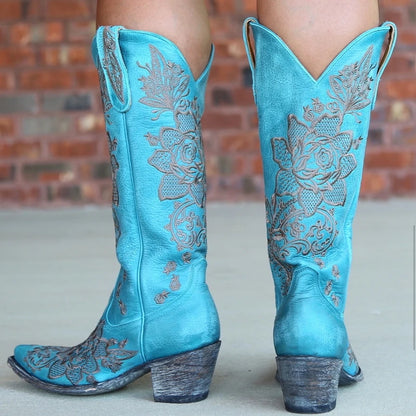 Western Style Women's Pointed Large Embroidered Rose High Heels Vintage Old Women's Boots High Barrel Western Boots
