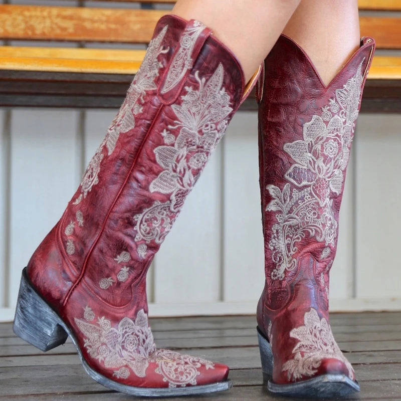 Western Style Women's Pointed Large Embroidered Rose High Heels Vintage Old Women's Boots High Barrel Western Boots