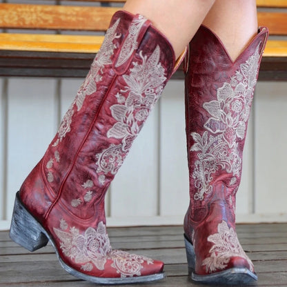 Western Style Women's Pointed Large Embroidered Rose High Heels Vintage Old Women's Boots High Barrel Western Boots