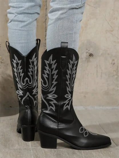 Bottes de cowboy blanches à talons hauts mi-mollet pour femmes, grande taille 43, de haute qualité, style vintage, style country et western