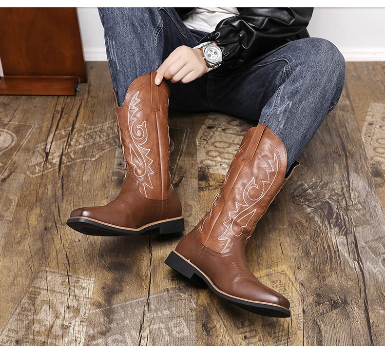 Men Boot 2024 Mid Calf Western Cowboy Motorcycle Boots Male Autumn Outdoor PU Leather Totem Med Heel Fashion Designed Men Boots