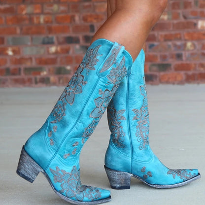 Western Style Women's Pointed Large Embroidered Rose High Heels Vintage Old Women's Boots High Barrel Western Boots