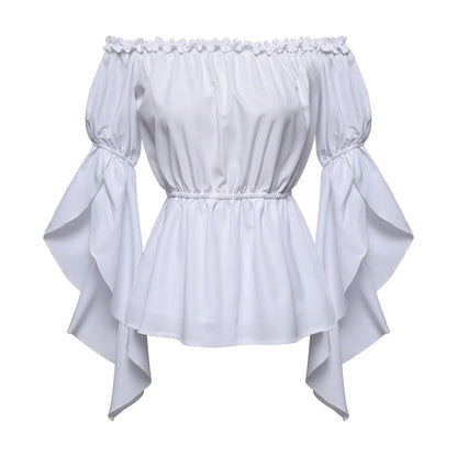 Chemises à volants Renaissance pour femmes, chemisier plissé à manches froissées, épaules dénudées, col bateau, chemise médiévale, chemise victorienne
