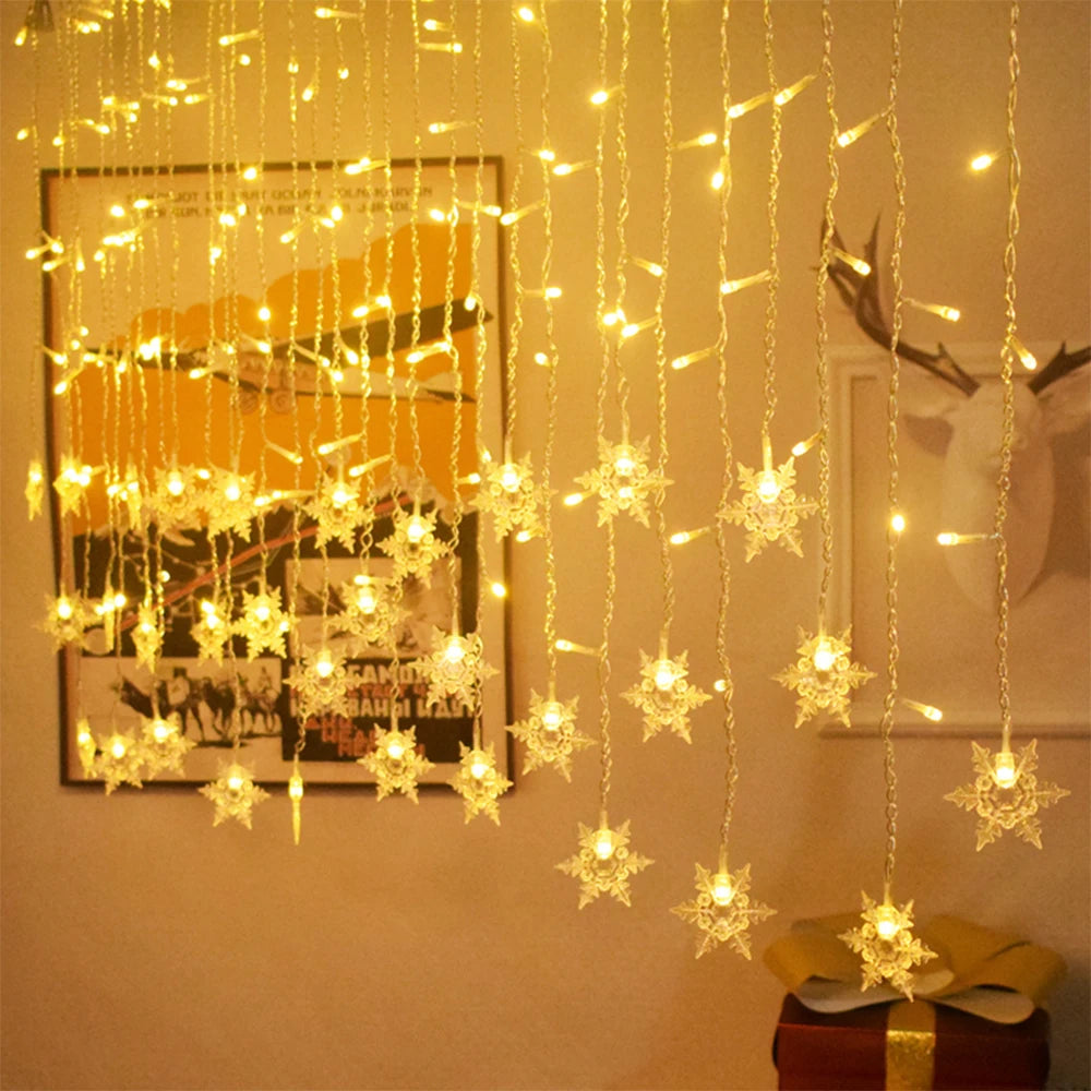 Guirlande lumineuse flocon de neige, 8 Modes, EU 220V US 110V, lumières de noël, décoration de salle, rideaux lumineux Led