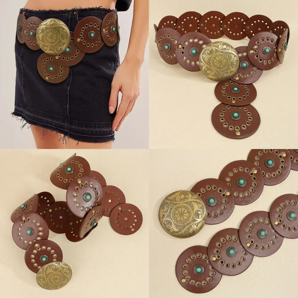 Exaggerated Wide Boho Disc Belt Rivet Turquoise Carved Buckle Waist Belt Adjustable Alloy Western Leather Waistband Cowgirl
