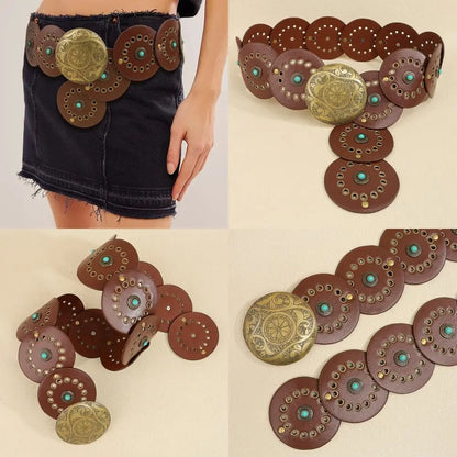 Exaggerated Wide Boho Disc Belt Rivet Turquoise Carved Buckle Waist Belt Adjustable Alloy Western Leather Waistband Cowgirl