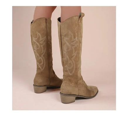 Winter New Coarse Heel Look Thin Tall Long Boots Not Over Knee Embroidered Retro Western Cowboy Boots 2025 New