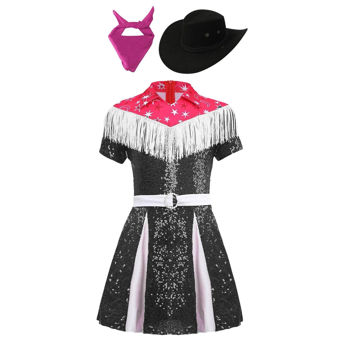 Costume de cow-girl western 3 pièces pour fille, robe plissée à paillettes avec chapeau de cowboy et bandana, pour Noël, Halloween, fête