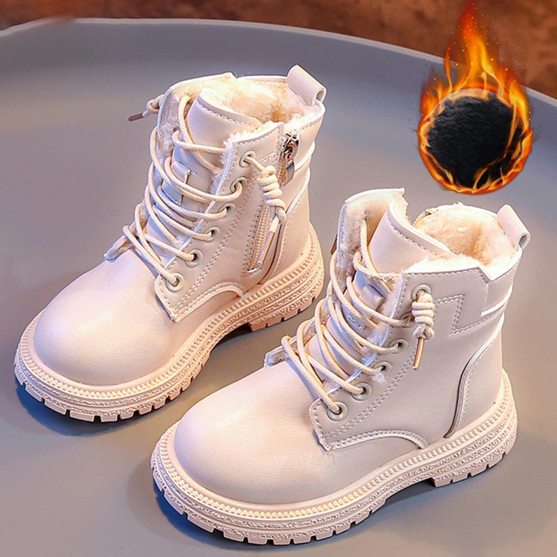 Kids Leather Chelsea Boots Waterproof Non-slip Autumn Winter Plush Warm Snow Boots Children Casual Sneakers Fashion Shoes Girls