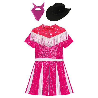 Costume de cow-girl western 3 pièces pour fille, robe plissée à paillettes avec chapeau de cowboy et bandana, pour Noël, Halloween, fête
