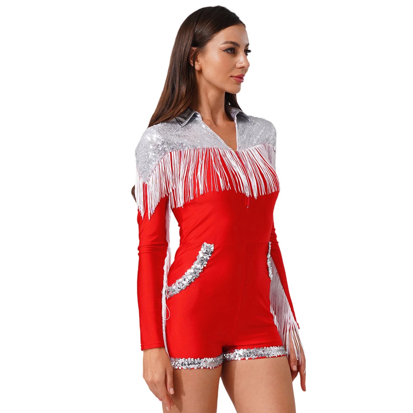 Womens Sequins Western Cowgirl Cosplay Costume Tassel Fringe Boyshorts Rompers 70s 80s Disco Bodysuit Front Zip Playsuit