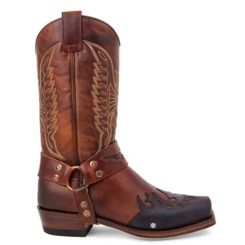 2025 Luxury Foreign Trade New Men's Square Head European and American Embroidery Men's Leather Knight Boots Low Heel Men's Shoes