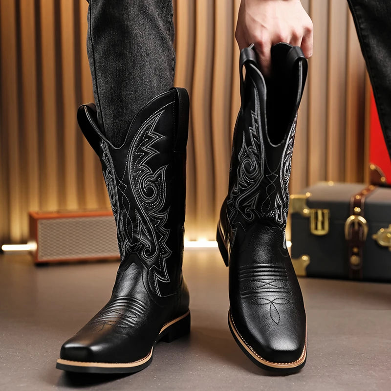 Men Boot 2024 Mid Calf Western Cowboy Motorcycle Boots Male Autumn Outdoor PU Leather Totem Med Heel Fashion Designed Men Boots