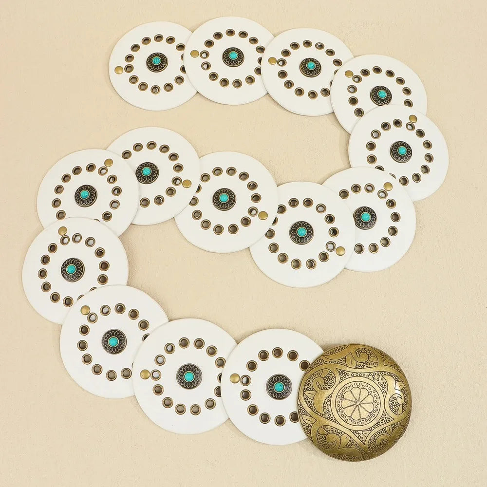 Exaggerated Wide Boho Disc Belt Rivet Turquoise Carved Buckle Waist Belt Adjustable Alloy Western Leather Waistband Cowgirl