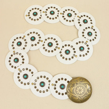 Exaggerated Wide Boho Disc Belt Rivet Turquoise Carved Buckle Waist Belt Adjustable Alloy Western Leather Waistband Cowgirl