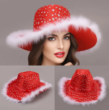 Chapeau de Cowboy de noël rouge, décoration du père noël, accessoires de fête de vacances, chapeau de Cowgirl à large bord, chapeau de Jazz