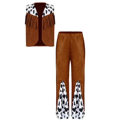 Kids Child Halloween Western Cowboy Cowgirl Cosplay Costume Cow Print Tassels Vest and Flared Pants Set Carnival Party Dress Up