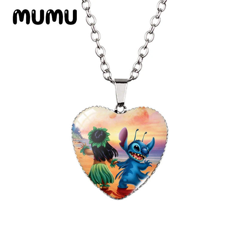 Collier Lilo Stitchou Angle Heart en verre imprimé avec pendentif photo, bijoux faits à la main, cadeaux pour enfants, nouveauté 2024