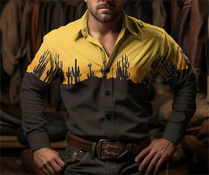 Chemise à manches longues à imprimé floral de cow-boy occidental pour le printemps et l'été, chemise à col pour homme en tissu doux et confortable