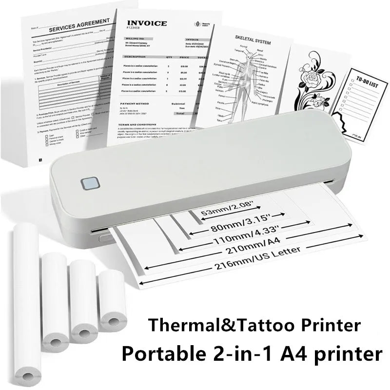Portable A4 thermal printer Inkless Bluetooth Tattoo Stencil Printer Compatible with iOS Android&Laptop for Office Car Home