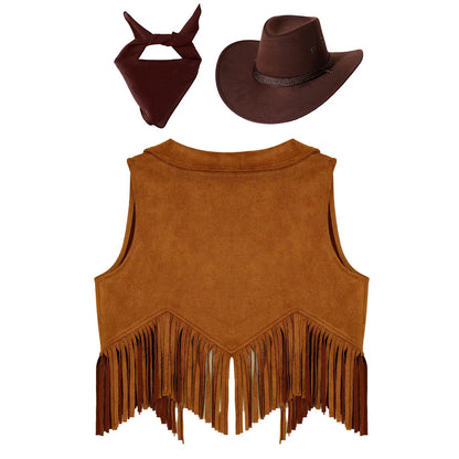 Costume de cosplay Western Cowboy Cowgirl pour enfants, glands en fibre de daim, chapeau glacé, ensemble bandana, habillage de fête à thème Halloween
