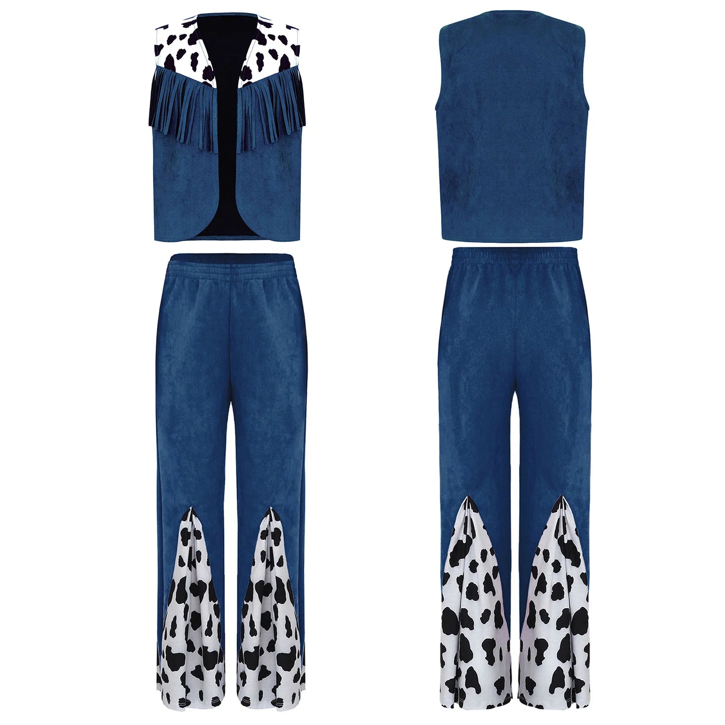 Kids Child Halloween Western Cowboy Cowgirl Cosplay Costume Cow Print Tassels Vest and Flared Pants Set Carnival Party Dress Up