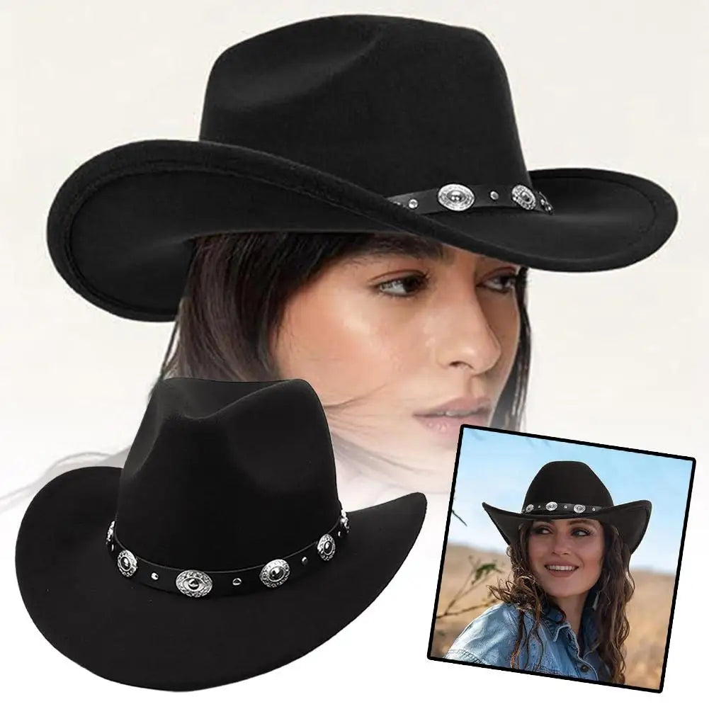 Womens Felt Western Cowboy Hats Studded Pinched Western Cowgirl Hats Wide Brim Retro Fedoras Hat Belt Buckle Vacation Party Hat