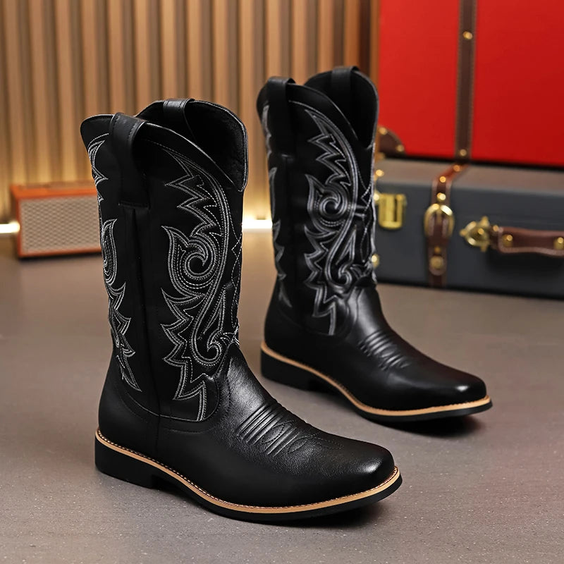 Men Boot 2024 Mid Calf Western Cowboy Motorcycle Boots Male Autumn Outdoor PU Leather Totem Med Heel Fashion Designed Men Boots
