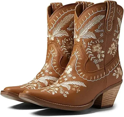New 2025 Embroidered Western Boots For Women Ankle Bootie Cowboy Cowgirls Flower Print Fashion Chunke Heel Slip On Ankle Boots