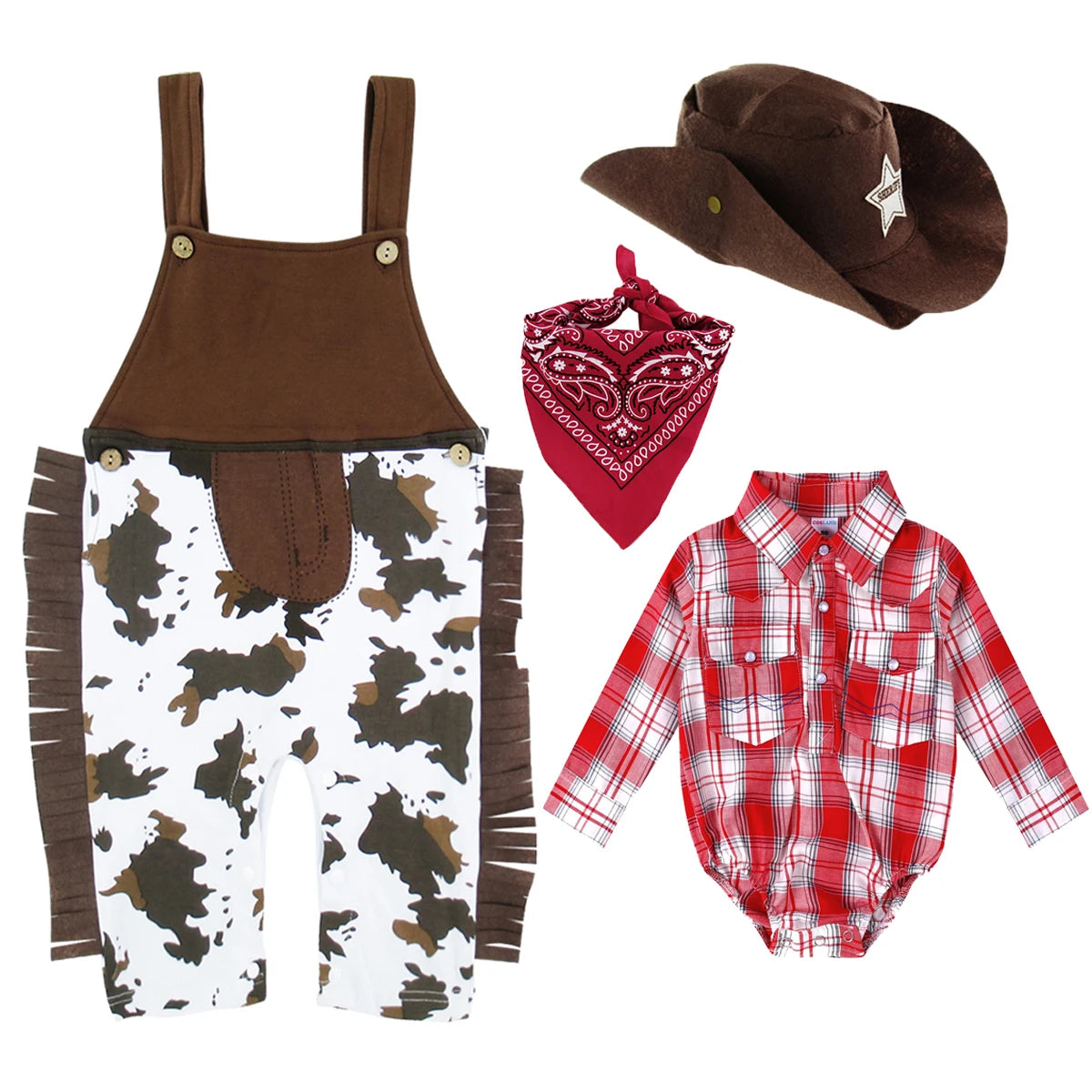 Baby Boys Cowboy Costume Halloween Western Cospaly Clothing Rodeo Birthday Party Clothes Plaid Romper Sets with Scarf and Hat