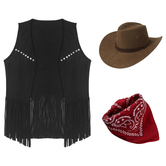 Gilet de cowboy pour femme, costume de cosplay, en faux daim, avec pompons et rivets, pour Halloween, avec bandana
