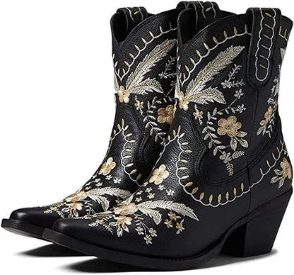 New 2025 Embroidered Western Boots For Women Ankle Bootie Cowboy Cowgirls Flower Print Fashion Chunke Heel Slip On Ankle Boots