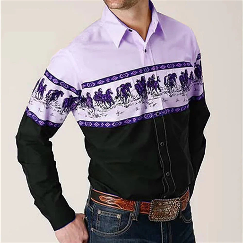 Chemise à manches longues à imprimé floral de cow-boy occidental pour le printemps et l'été, chemise à col pour homme en tissu doux et confortable