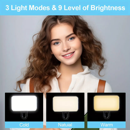 Lumière de remplissage pour selfie – Mini LED à clipser, rechargeable, 3 modes de couleur et luminosité réglable pour téléphones et ordinateurs